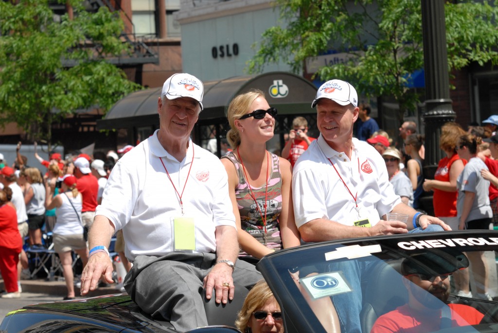 Gordie and Mark Howe ride in the Red Wings' Stanley Cup parade in 2008 with Mark's daughter. (Dan Swint/PDQ Photo)