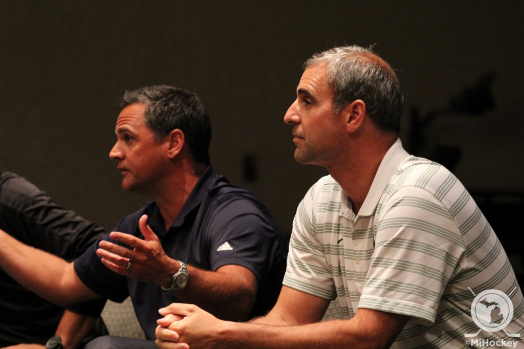 Michigan's Brian Wiseman and Michigan State's Tom Anastos talk to the parents and players in attendance at the College Hockey, Inc. event. (Photo by Michael Caples/MiHockey)