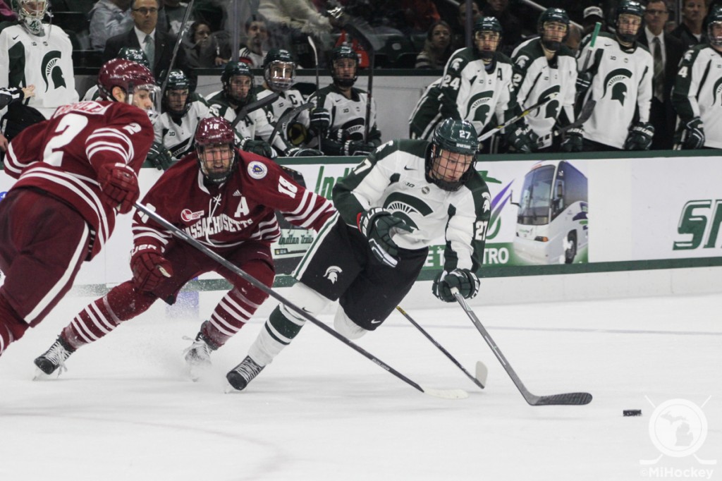 Matt Berry (right) was named the Big Ten's first star of the week today. (Photo by Michael Caples/MiHockey)
