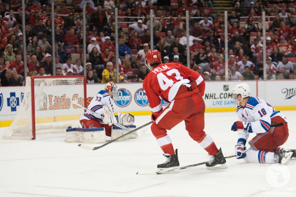 Darren Helm's third-period goal gave the Red Wings a 3-2 win over the Rangers Saturday night at Joe Louis Arena. Click the image to see a full photo gallery from the game. (Photos by Jen Hefner/MiHockey)
