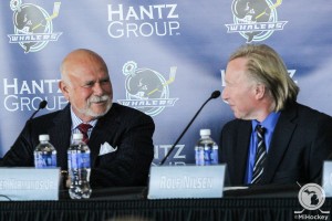 Peter Karmanos (left) and Rolf Nilsen (right) at today's announcement. (Photo by Michael Caples/MiHockey)