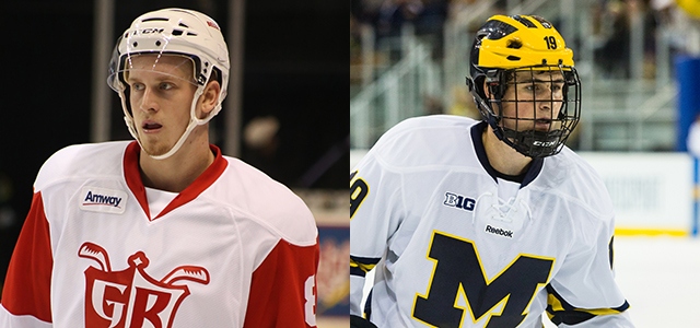Anthony Mantha (photo by Sam Iannamico/Grand Rapids Griffins) and Dylan Larkin (photo by Andrew Knapik/MiHockey)