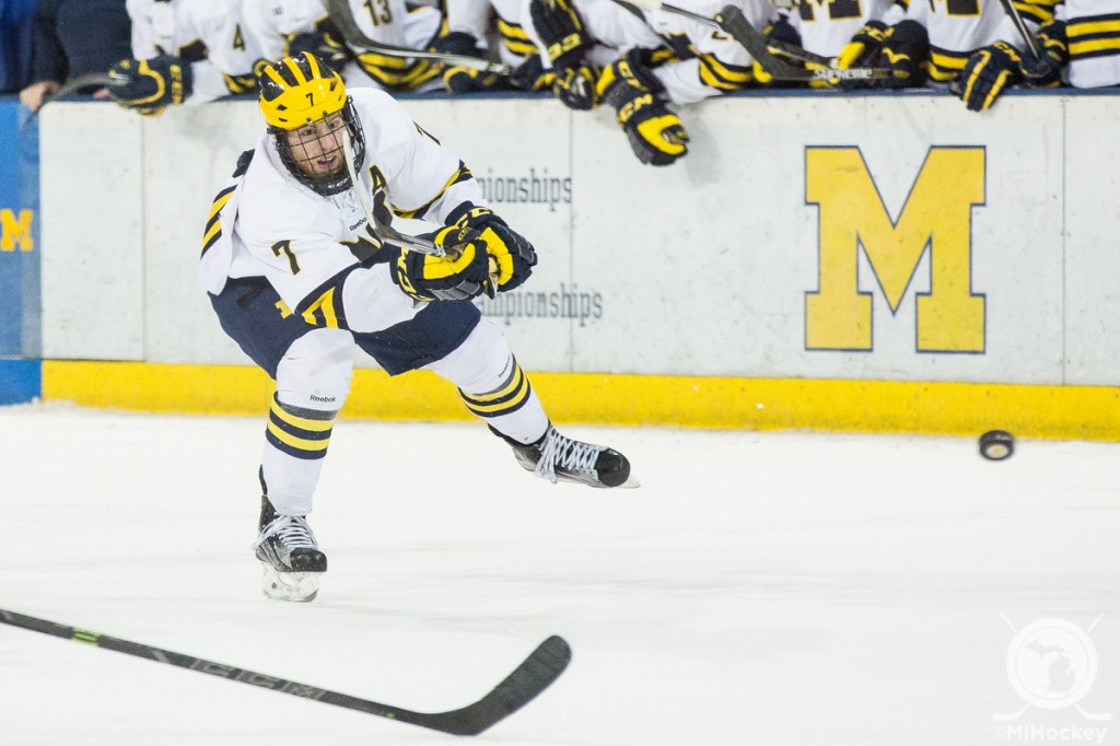 JT Compher recorded a hat trick on Sunday en route to a Michigan sweep of Wisconsin. (Photo by Andrew Knapik/MiHockey)