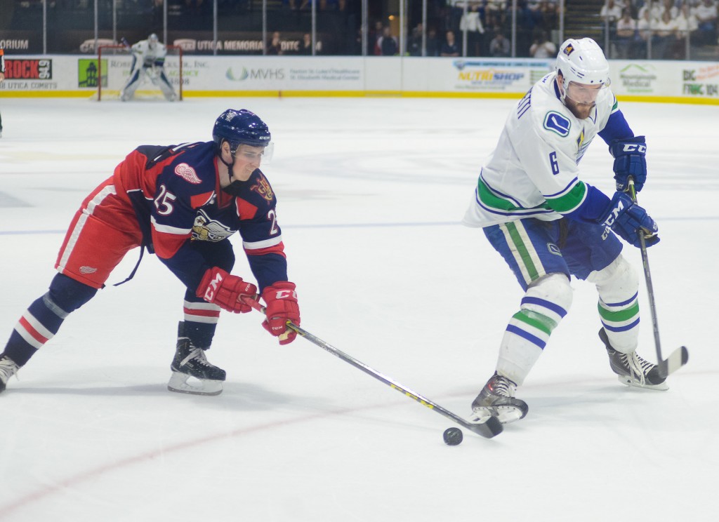 Dylan Larkin during his first AHL game. (Photo courtesy of Lindsay A. Mogle/Utica Comets)