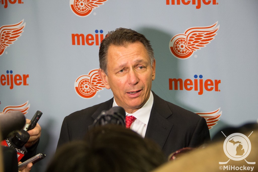 Ken Holland discussing Mike Babcock's future with the Red Wings. (Photo by Michael Caples/MiHockey)