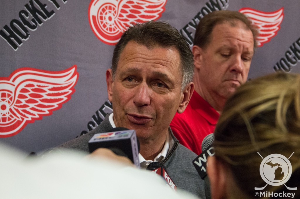 Ken Holland discusses Mike Babcock's decision with the media Wednesday afternoon. (Photo by Michael Caples/MiHockey)
