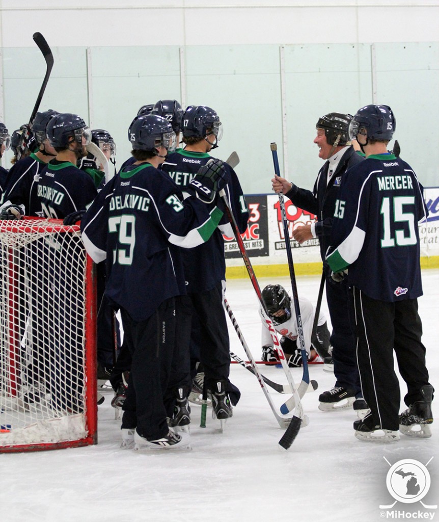 Hayes instructing members of the Plymouth Whalers on how to conduct a 'Try Hockey For Free' practice. (Photo by Michael Caples/MiHockey)