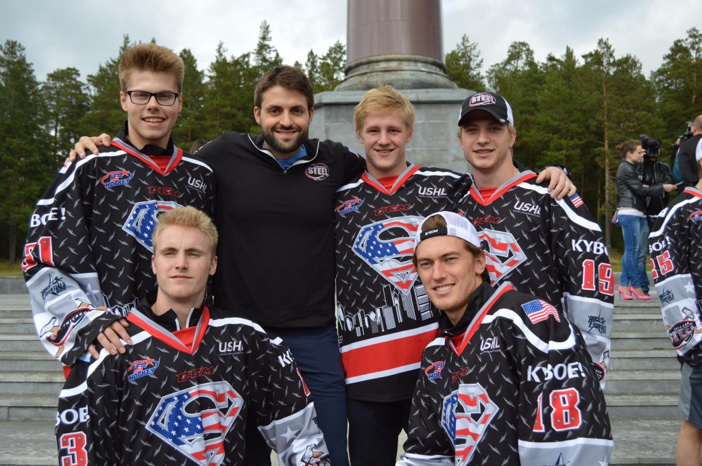 The six men who represented Michigan with the Chicago Steel in Russia over the last few weeks. (Photo courtesy of the USHL)