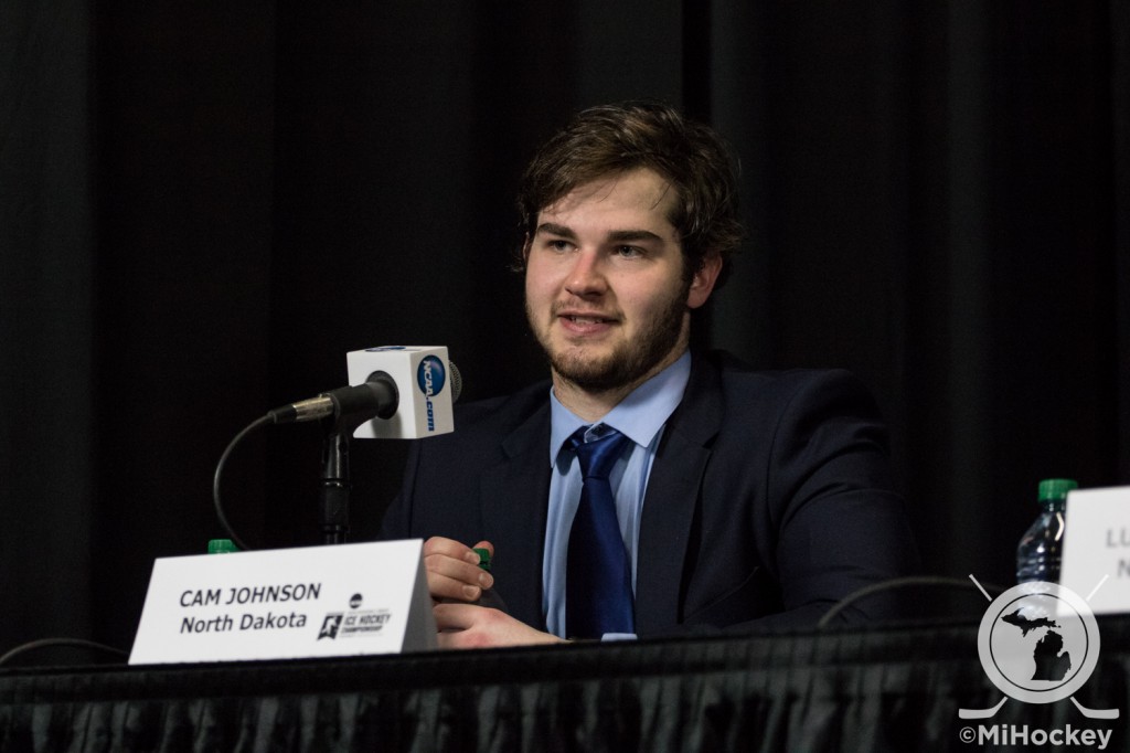 Johnson at the North Dakota postgame press conference. (Photo by Michael Caples/MiHockey)