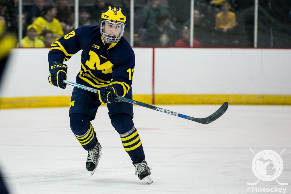 Zach Werenski in action during the Wolverines' final game of the 2015-16 NCAA season. (Photo by Andrew Knapik/MiHockey)