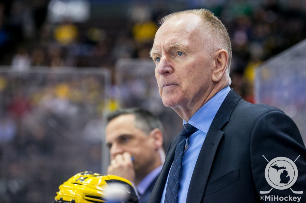 Berenson watching his Wolverines compete against Notre Dame at the NCAA Tournament in Cincinnati. (Photo by Andrew Knapik/MiHockey)