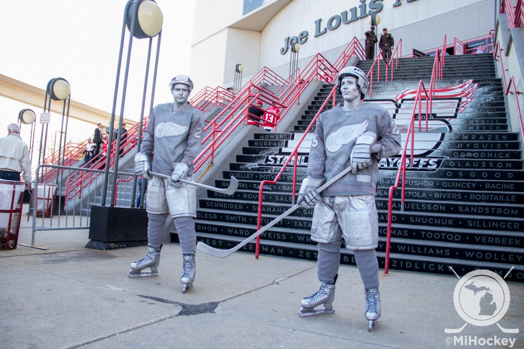 Fans had the opportunity to get their photos taken with these 'hockey players' at each of the entrances outside of Joe Louis Arena