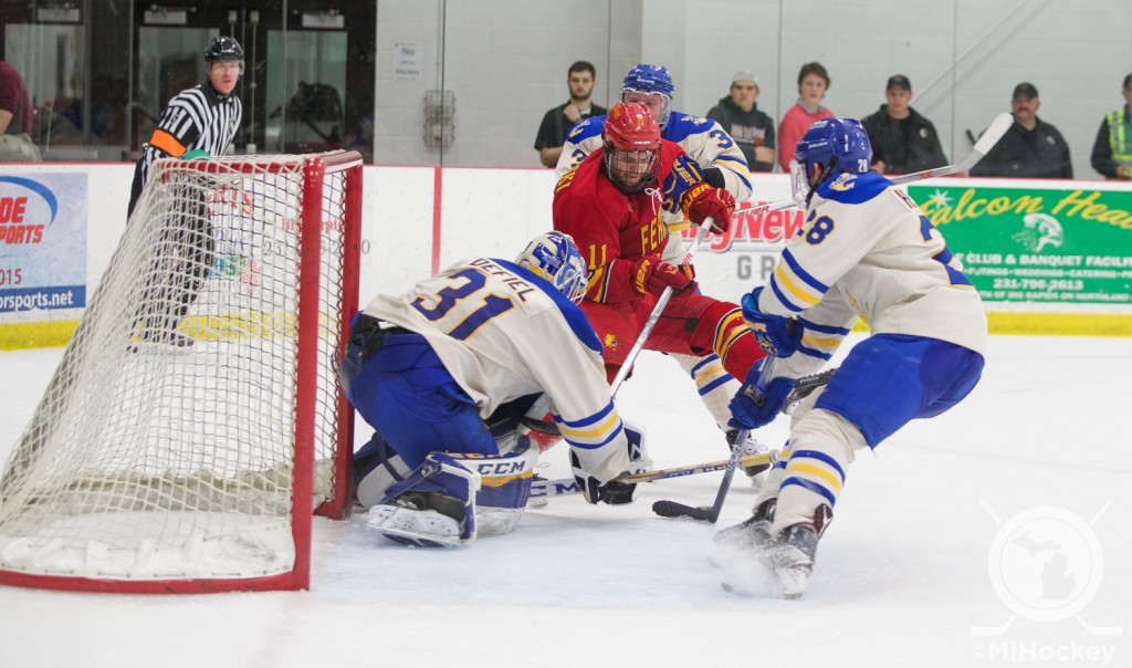 The Lake Superior State Lakers and the Ferris State Bulldogs in action in Big Rapids, Mich. (Photo by Michael Miller/MiHockey)