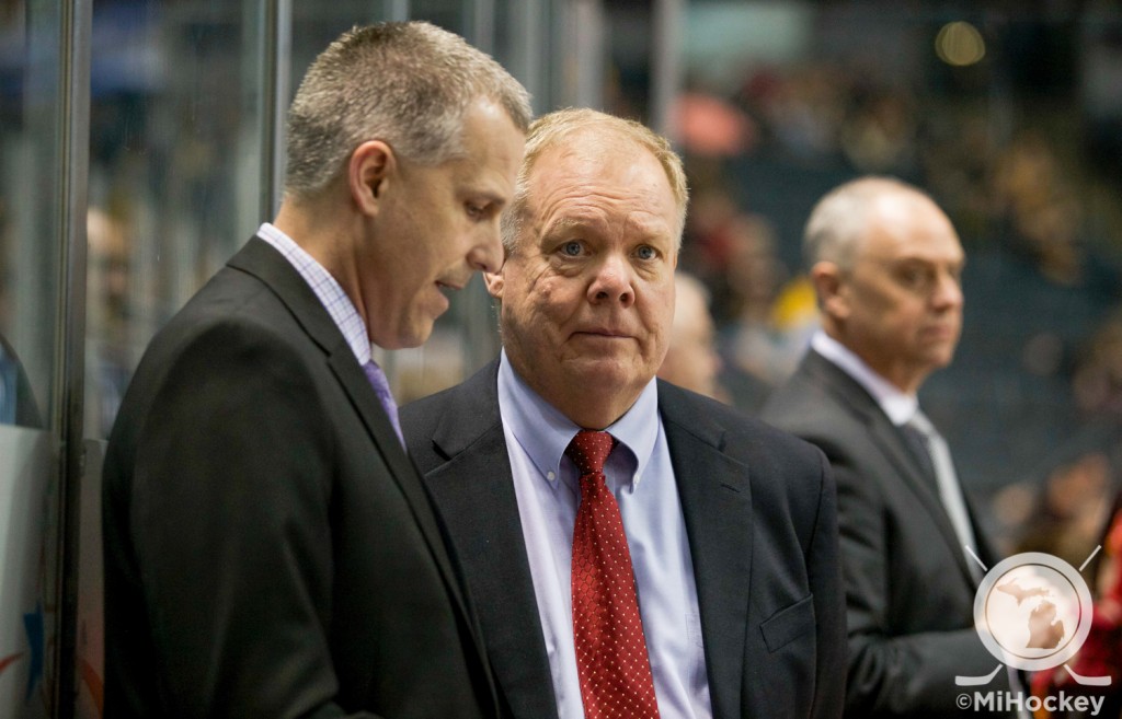 Ferris State coach Bob Daniels during the WCHA Final Five in Grand Rapids. (Photo by Michael Miller/MiHockey)
