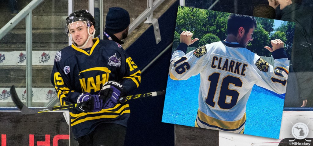 Action photo by Michael Caples/MiHockey; jersey photo from @CamClarke15 on Instagram