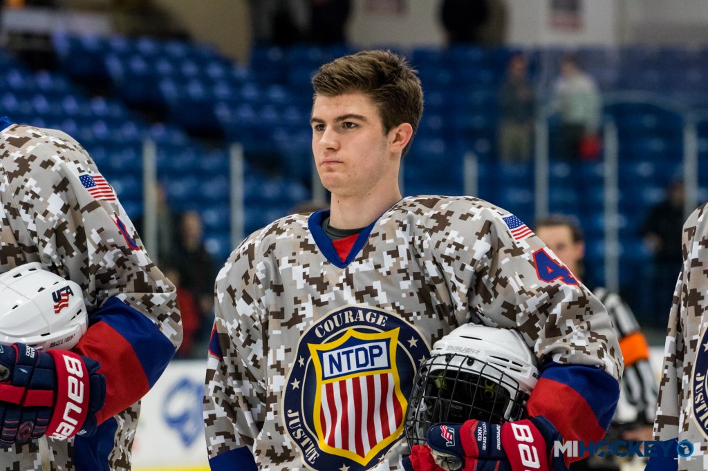 Tommy Miller prior to one of the NTDP's Military Weekend games at USA Hockey Arena in Plymouth. (Photo by Michael Caples/MiHockey)