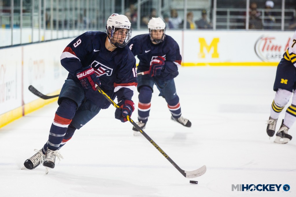 Auston Matthews competing against the University of Michigan as a member of the NTDP in 2015. (Photo by Andrew Knapik/MiHockey)