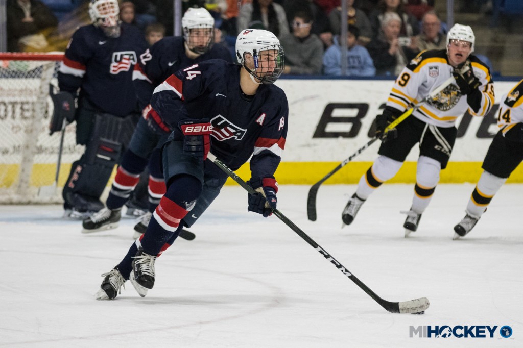 NTDP Under-18 Team forward Josh Norris, a Michigan commit, checks in at No. 37 on the NHL Central Scouting Midterm Rankings. (Photo by Michael Caples/MiHockey)