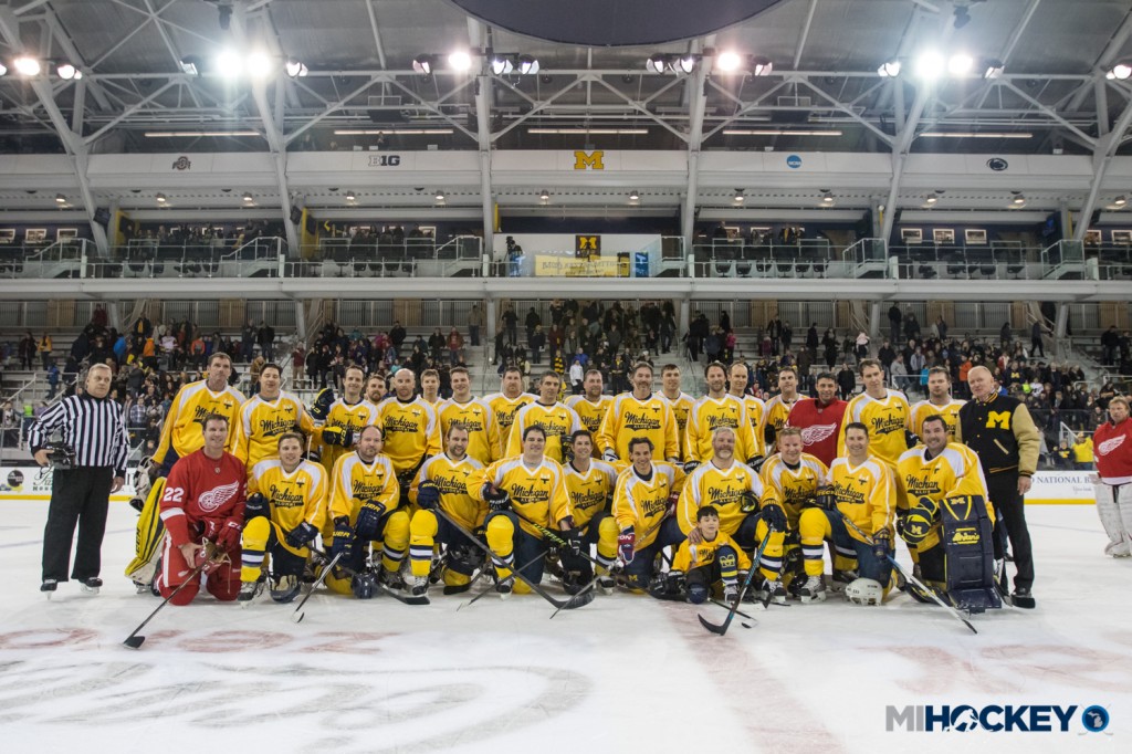 All of the Wolverines alums who participated in the game, be it for the UM team or the Wings team. (Photo by Michael Caples/MiHockey)